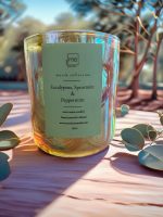 Alt Text: Hand-poured 16 oz Eucalyptus Spearmint & Peppermint candle made with coconut apricot wax, featuring a fresh, minty aroma with crisp eucalyptus and cooling peppermint notes for a spa-inspired atmosphere.