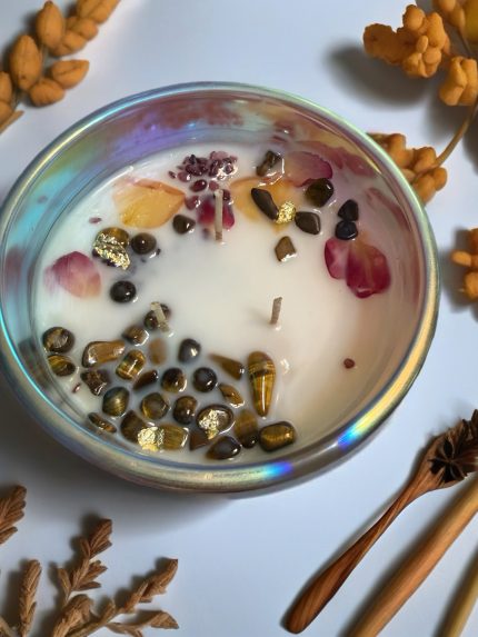 Hand-poured 16 oz Palo Santo & Patchouli candle made with coconut apricot wax in a reusable glass jar.